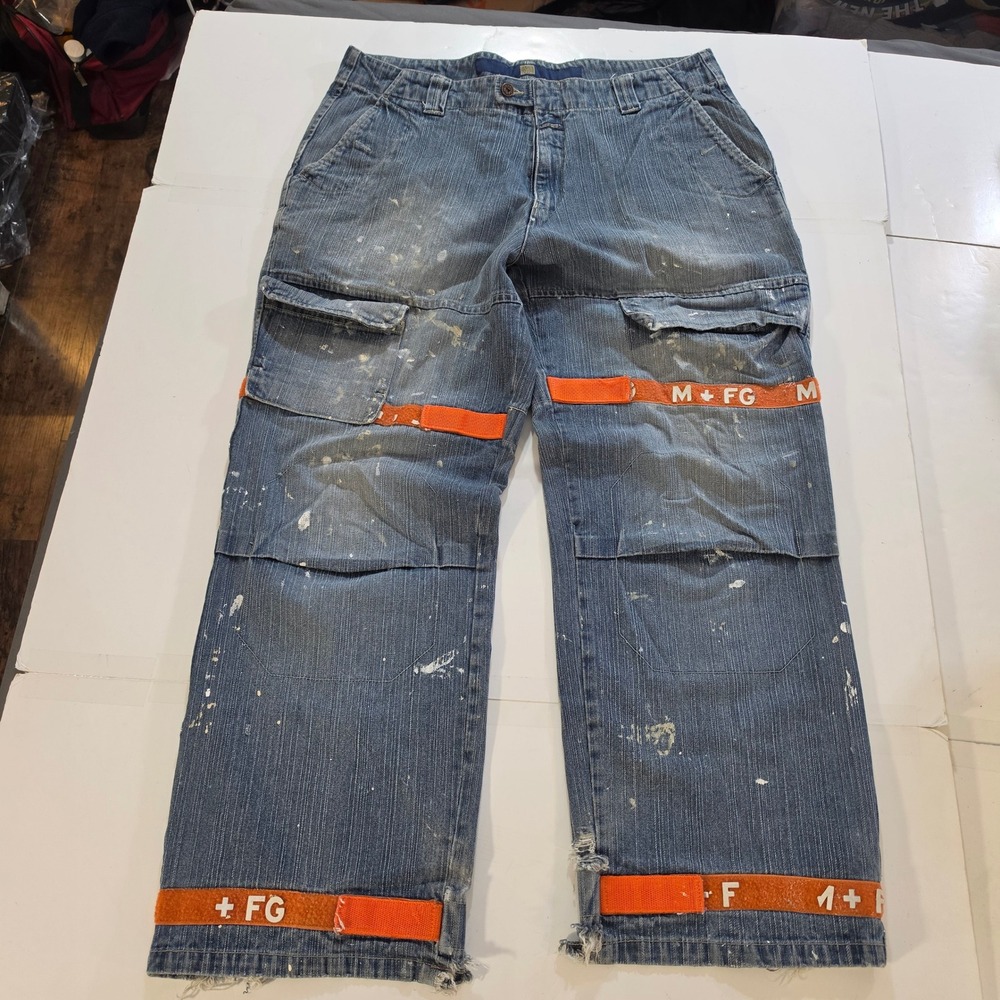 Marithe Francois Girbaud Painter Cargo Jeans Blue Orange Straps M+FG Distressed